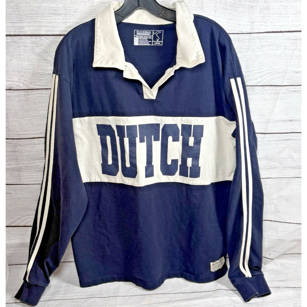 Dutch Bros Blue White Colorblock Rugby Shirt Mens Sz L LOGO LS Collared Cotton
